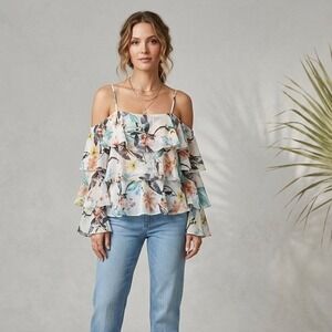 BCBGeneration Womens Floral Cold Shoulder Ruffle Chiffon Blouse Top Medium Multi